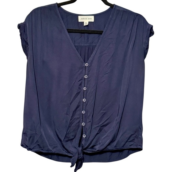 Cloth & Stone Button Down Tie Waist Boxy Lightweight Navy Blue Short Sleeve Top - Picture 2 of 9